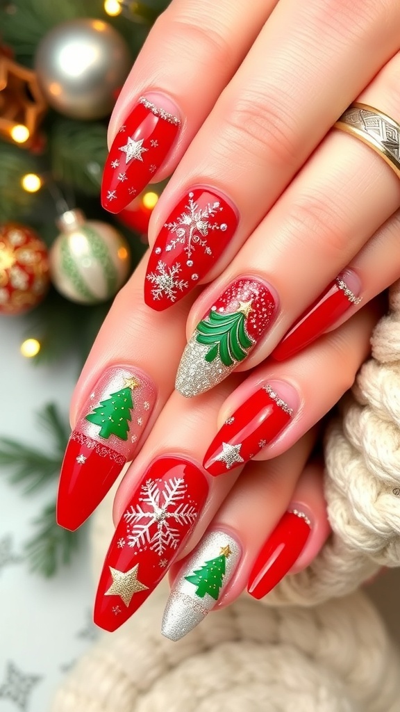 Festive Christmas Nail Designs Under $50 A set of festive Christmas nails with red and green designs, snowflakes, and glitter on a holiday-themed background.